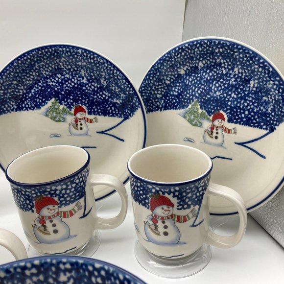 VTG 18 pcs Thomson Pottery Snowman Christmas Spongeware Dinnerware & Drinkware - Picture 9 of 14